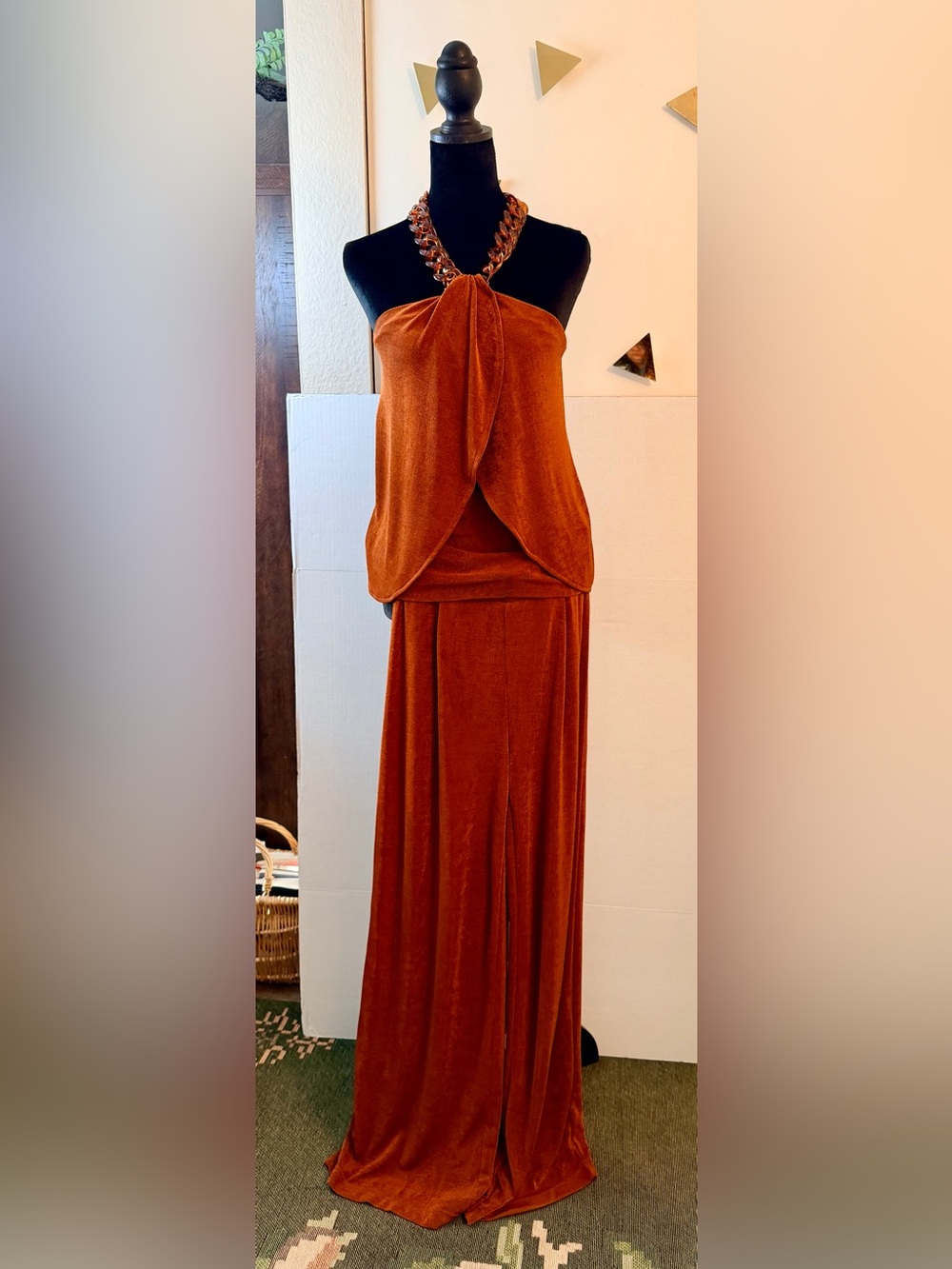Boston Proper Women's Rust Orange Halter 2pc Suit W/Detachable Tortoise Chain XS - Picture 2 of 11